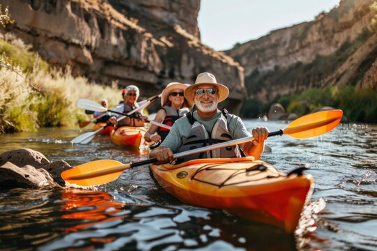 Senior Friends Enjoying Kayaking Adventure on River.
