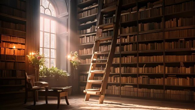World Poetry Day Video animation of elegant library, bathed in the soft glow of natural light filtering through a large arched window. The room is filled with tall, dark wooden.