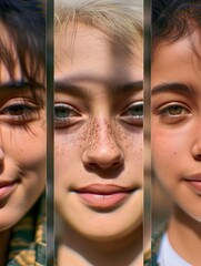 Photo-montage portrait of three young women smiling, a collage illustration of diversity and standing for social equality and equal opportunities, beautiful girls from various origins or countries