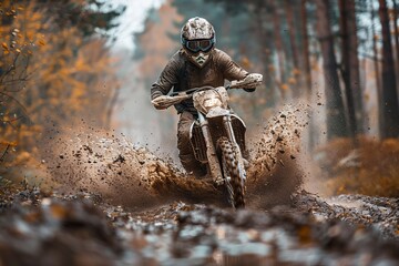 An action-packed image of a motocross rider racing through a muddy forest, splashing mud in a dynamic scene