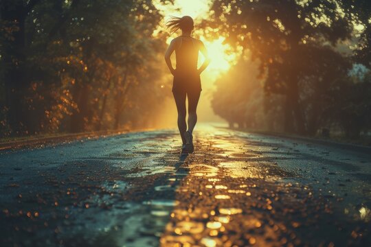 A focused female runner is captured from behind as she jogs alone on a wet road bathed in the golden light of sunrise