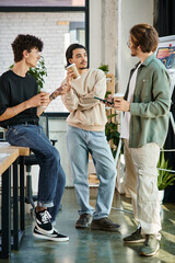young men in their 20s sharing ideas and holding coffee to go in modern office, startup team