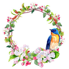 Naklejka premium Round Vignette with apple blooming and blue-yellow birdie