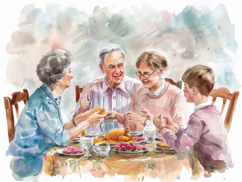 Family Enjoying a Cozy Watercolor-Painted Dinner.