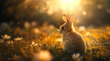Fotobehang Rabbit in Sunlit Field with Daisies at Sunset. © ZAKOOSTUDIO