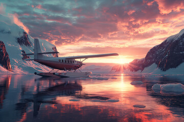 Hydroplane airplane and ice glacier at sunset or sunrise in Alaska - obrazy, fototapety, plakaty