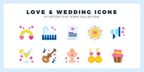 10 Love And Wedding Flat icon pack. vector illustration.