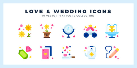 10 Love And Wedding Flat icon pack. vector illustration.