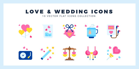 10 Love And Wedding Flat icon pack. vector illustration.