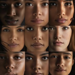 Obraz premium Closeup photographs of young women's faces of different origin and skin color smiling, beautiful young ladies from various social and cultural backgrounds standing for gender equity and women's rights