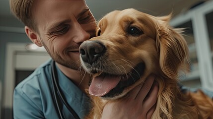 Caring Vet Doctor Comforting Happy Dog: Pet Health Checkup at Veterinary Clinic


