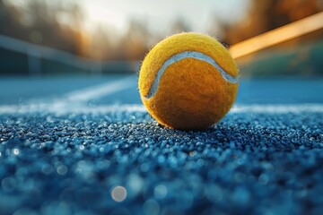 A lone, wet tennis ball on a blue court, capturing the essence of the sport and the aftermath of...