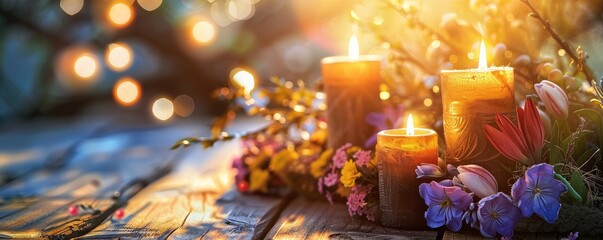 Illuminated Candles and Spring Flowers at Dusk.