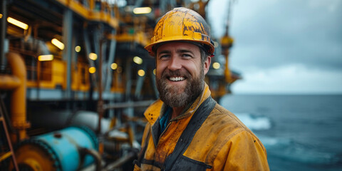 In an industrial maritime environment, a smiling Caucasian man in a helmet ensures safety and professionalism onboard a vessel.