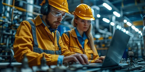 In a factory setting, engineers and workers collaborate on manufacturing, prioritizing safety and efficiency.