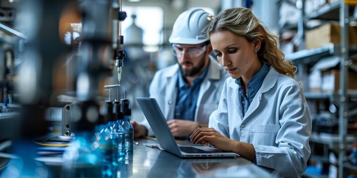 A diverse team of scientists and technicians work in a technology laboratory, conducting research and experiments.