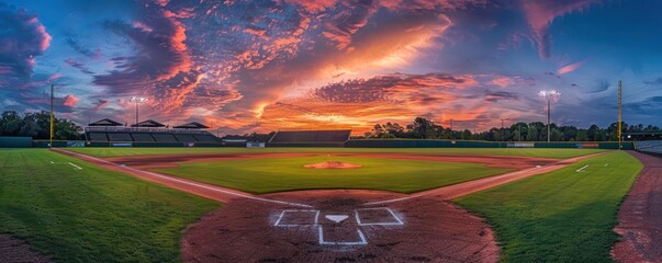 Broad view of a stadium, with a baseball pitch set against a vibrant sky backdrop. - obrazy, fototapety, plakaty
