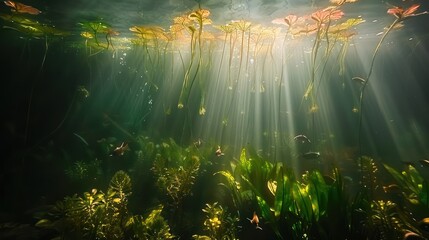 Submerged tranquility. sunlight gently piercing through underwater plants
