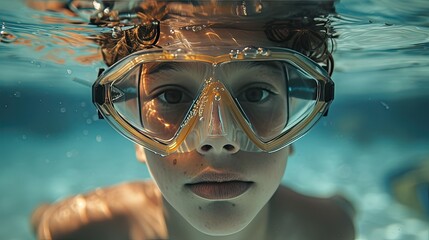 Adventurous Boy Exploring Underwater Toys with Snorkel in Pool - obrazy, fototapety, plakaty