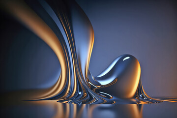 Abstract blue and gold glossy wallpaper. Wavy background with curvy organics shapes. Generative ai