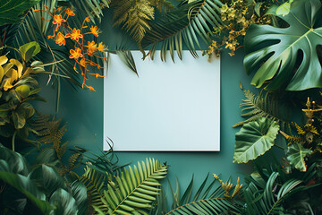  white square paper in the middle grass,A white box with a green leaf background on it and a white...
