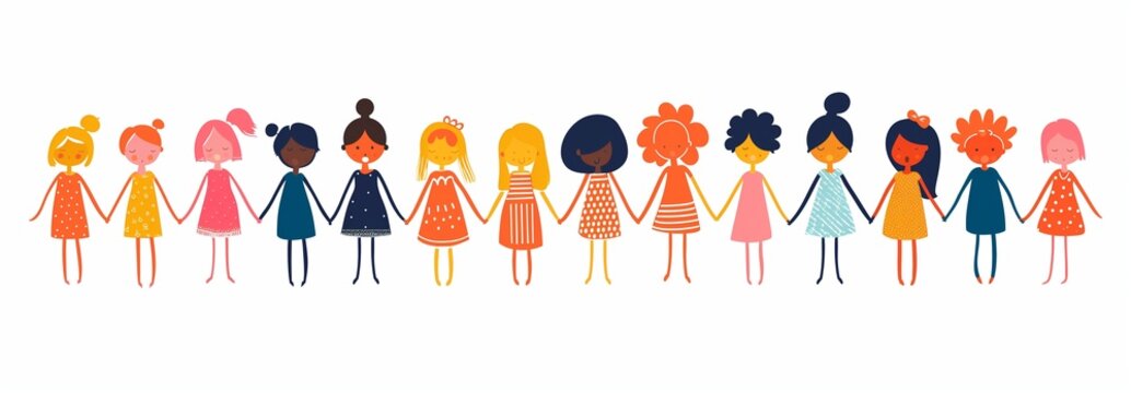 Cute drawing representing a colorful line or farandole of women holding hands isolated on white background, the ladies have different skin colors, symbolizing people's diversity, dancing girls strip