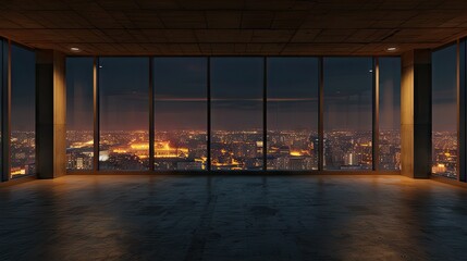 Empty room with large windows overlooking the night city. 