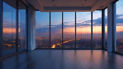 Fototapeta premium Empty room with large windows overlooking the night city. 