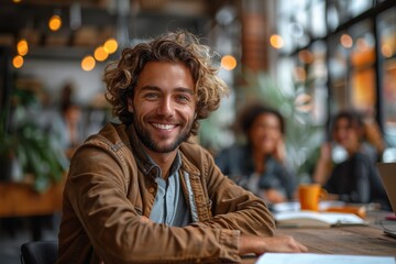 Charismatic young man with curly hair smiling in a lively cafe environment, portraying positivity