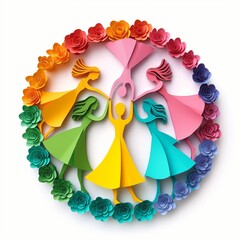 Colorful background with flowers and women dancing and uniting in a round or farandole, beautiful dynamic and joyful illustration in the colors of the rainbow, symbol of women's unity and empowerment