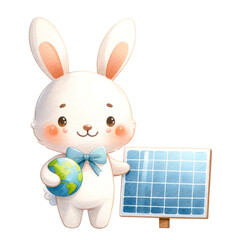 Watercolor cute bunny with a solar panel. World nature conservation. Earth day concept.