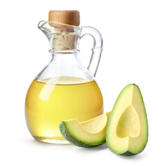 Bottle of avocado oil and fresh avocado pieces on white background - 746551061