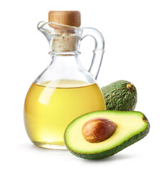 Bottle of avocado oil and fresh avocado halves on white background - 746551084
