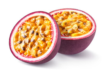 Two halves of fresh passion fruit on white background - 746551086