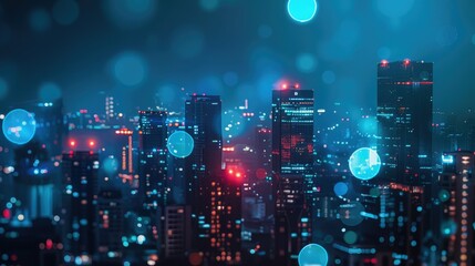 City lights at night with a blue tint and glowing blue and red orbs floating in the foreground.