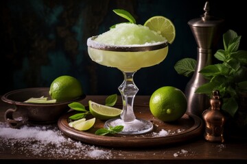 Refreshing frozen margarita cocktail in traditional glass with fresh lime - ideal summer beverage