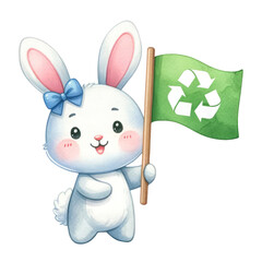 Watercolor cute bunny holding a recycle flag. World nature conservation. Earth day concept.