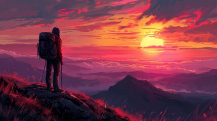 Fototapeta premium Hiker at Sunset Landscape