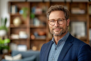 Fototapeta premium Man in Suit and Glasses Standing in Front of Bookshelf