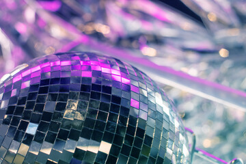Shiny disco ball in blue tones closeup