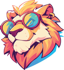 Flat logo of a Cute colorful lion in sunglasses on a transparent background. Cartoon vector icon illustration. Animal nature icon concept isolated premium vector for t-shirt, print-on-demand image