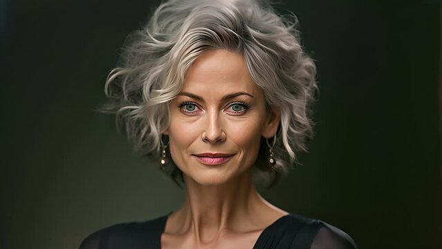 Mature woman with grey hair wearing a black shirt is shown in the video