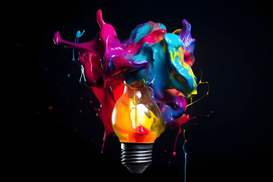 On a dark background, a burning light bulb with fire inside, light bulb that explodes with paint and glass, Technology and business, think in a new way, Fresh ideas and brainstorming,