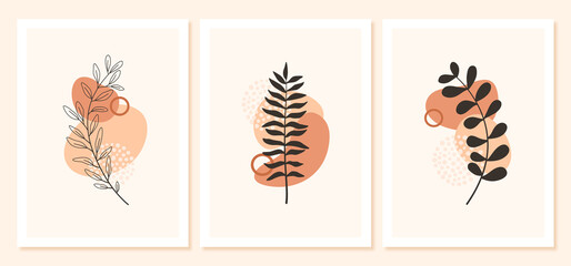 wall art vector set. Foliage line art drawing with abstract shape. Abstract Plant Art design for print
