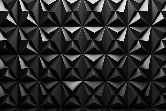 3D rendered picture of a geometric abstract background with 3D lights and a pyramid-shaped object, Abstract polygonal background wall in black color, panoramic mosaic background with black triangles