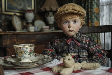 Little Boy Sitting at Table With Teddy Bear