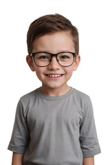 Fototapeta premium Little boy wearing glasses smiling and looking at the camera, isolated, transparent background, no background. PNG.