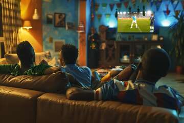 Guys of different nationalities watch soccer on the couch at home and cheer for their team - obrazy, fototapety, plakaty
