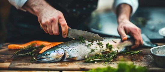 A person is skillfully cutting up a large trout on a wooden cutting board with a sharp knife. The fish is being filleted into pieces for cooking. - obrazy, fototapety, plakaty