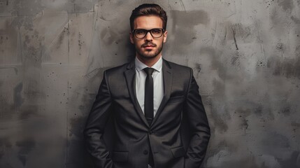 Fototapeta premium Man in Suit and Tie Standing in Front of Wall